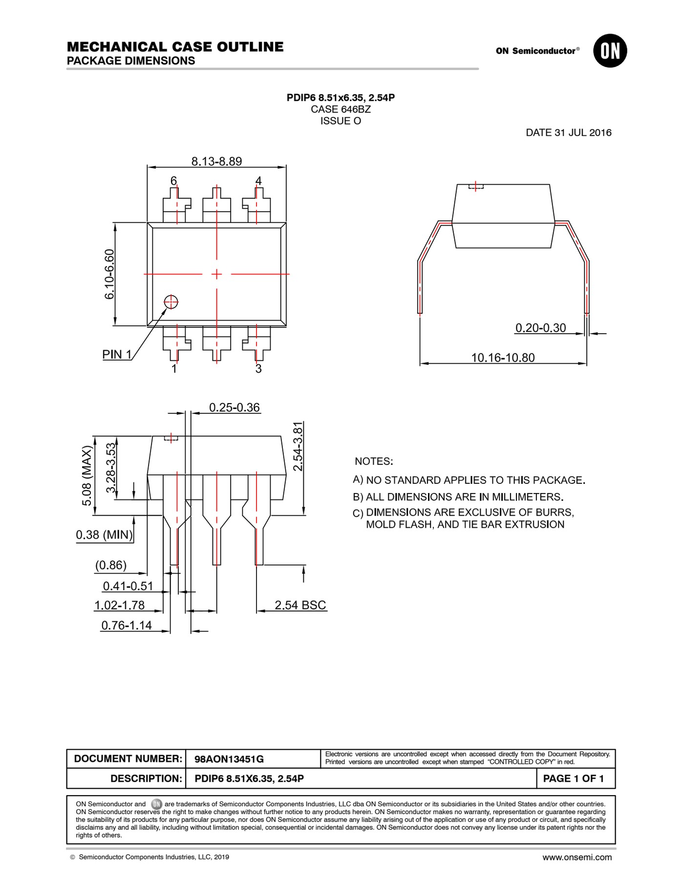 规格尺寸：CASE 646BZ（含 0.4″ 宽脚距选项）