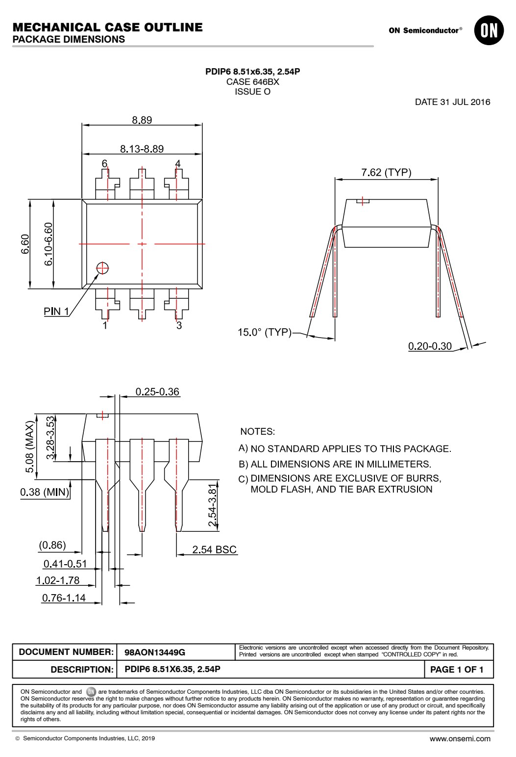 规格尺寸：CASE 646BX（PDIP6 8.51×6.35，2.54P）
